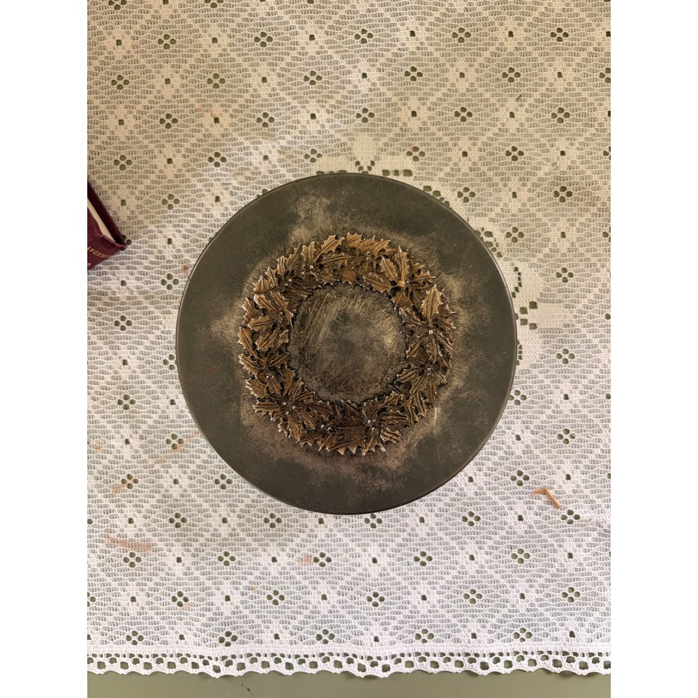 Vintage Metzke Pewter Holly Wreath Round Metal Tin Decorative Storage Box